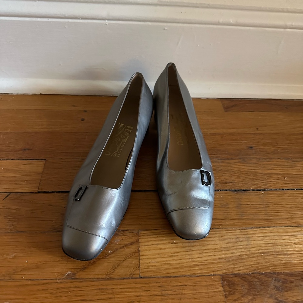 Ferragamo Silver Loafer Heels